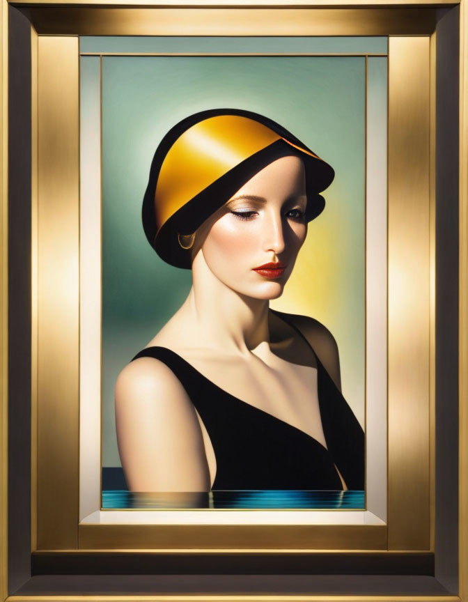 Portrait of woman in stylish yellow and black hat with red lipstick and black top in golden frame.