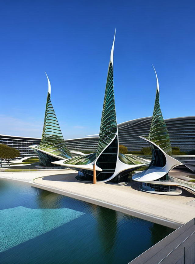 Contemporary architectural design with pointed spires, reflective pool, curved building, greenery, and blue