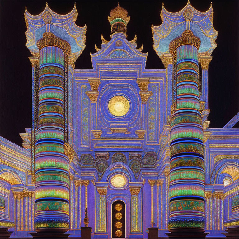 Intricate Illuminated Building Facade with Multicolored Lights