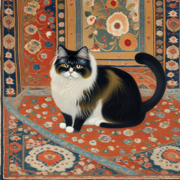 Fluffy Black and White Cat with Yellow Eyes on Oriental Rug