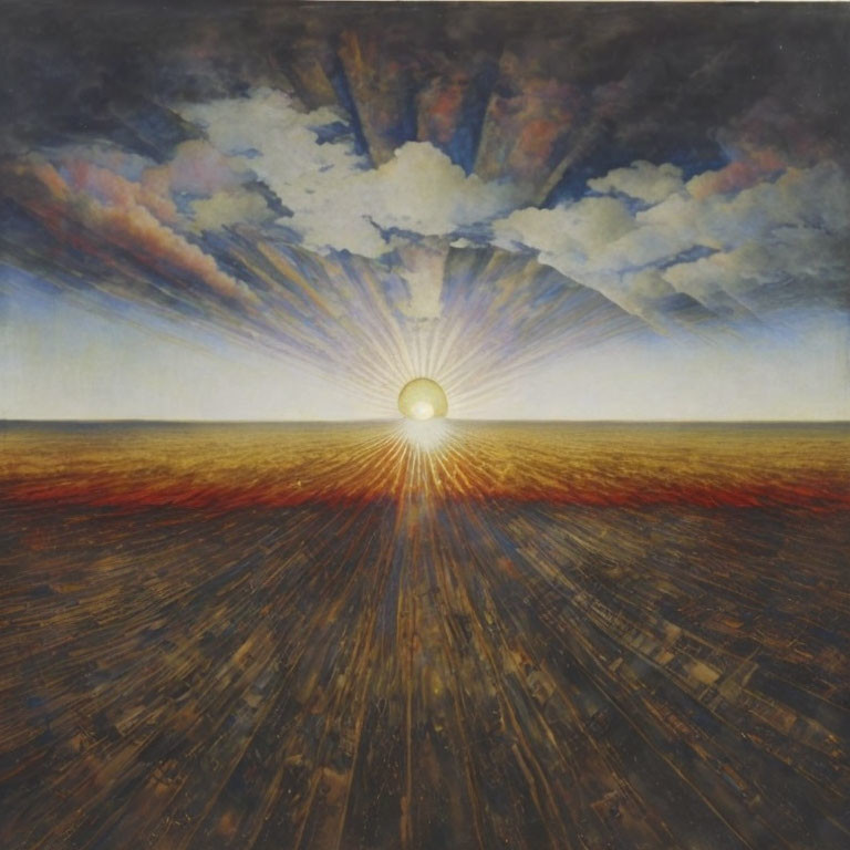 Stylized painting of radiant sun setting over textured field