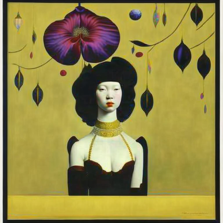 Stylized woman portrait with purple flowers on yellow background