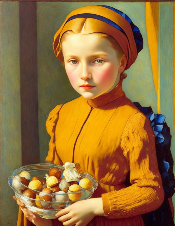 Young girl in mustard dress with fruit bowl.