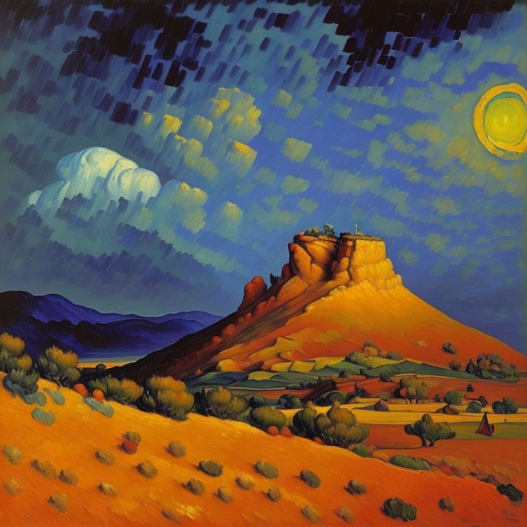 Sunlit desert landscape with mesa under blue skies