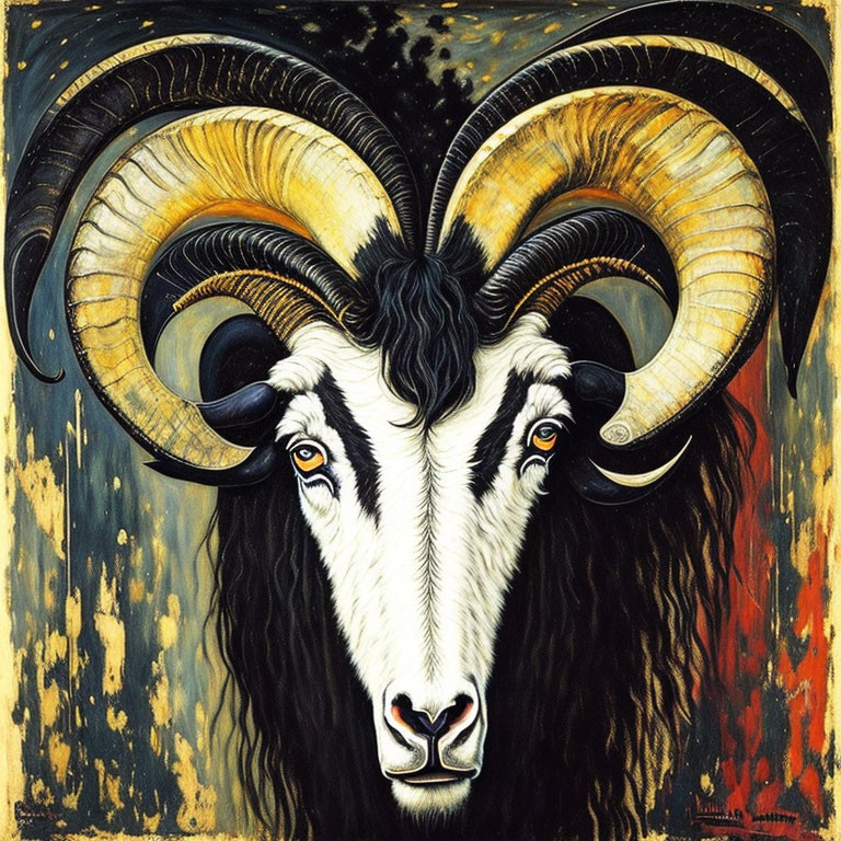 Colorful ram's head painting with spiraled horns on textured background