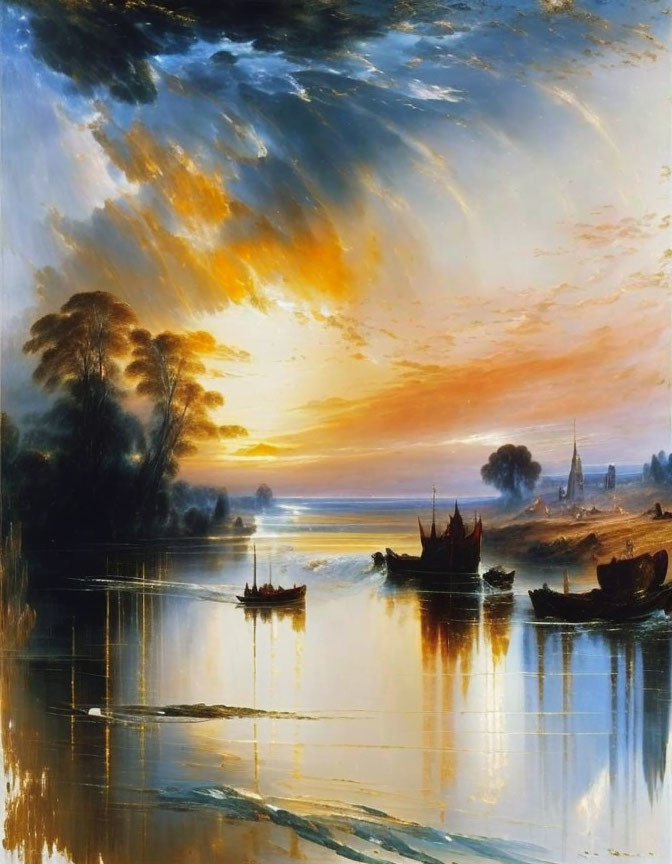 Scenic sunset over river with boats, trees, spires, dramatic sky