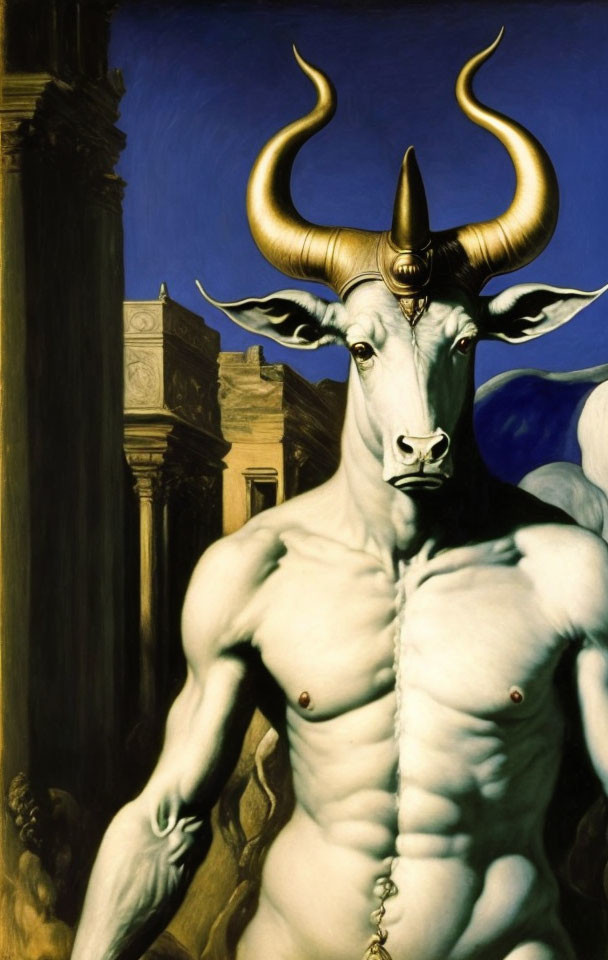 Surreal painting featuring bull-headed human figure and architectural elements