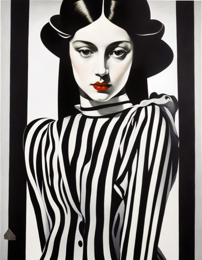 Monochrome portrait of woman with red lips, striped garment, and wide-brimmed hat