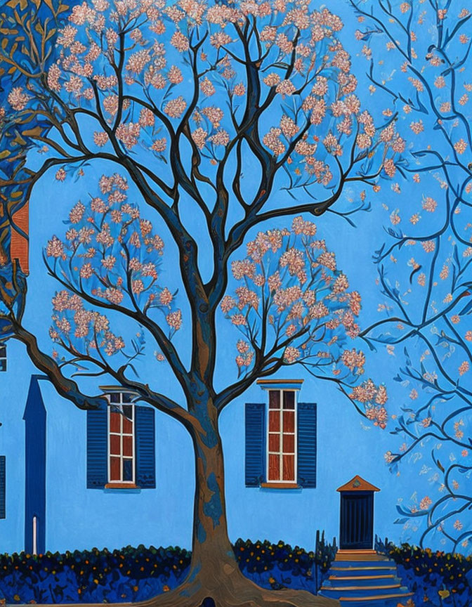 Stylized illustration: Blooming tree, blue house, twilight