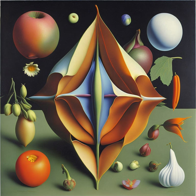 Abstract surreal painting with multicolored shape, fruits, vegetables, and flowers on dark background