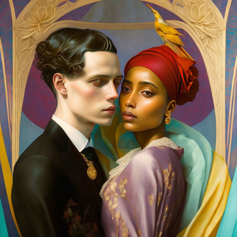 Colorful stylized portrait of man and woman with bird and ornate frame