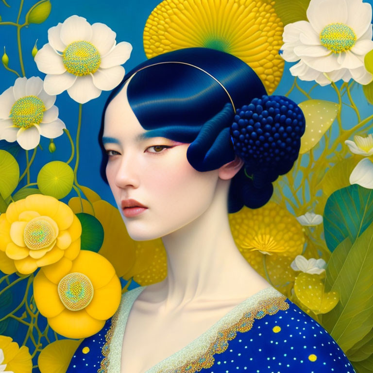 Digital artwork: Woman with blue hair in traditional attire among yellow and white flowers on blue background