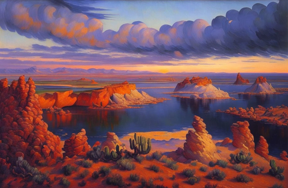 Desert landscape painting: sunset, orange cliffs, lake, cacti, dramatic sky