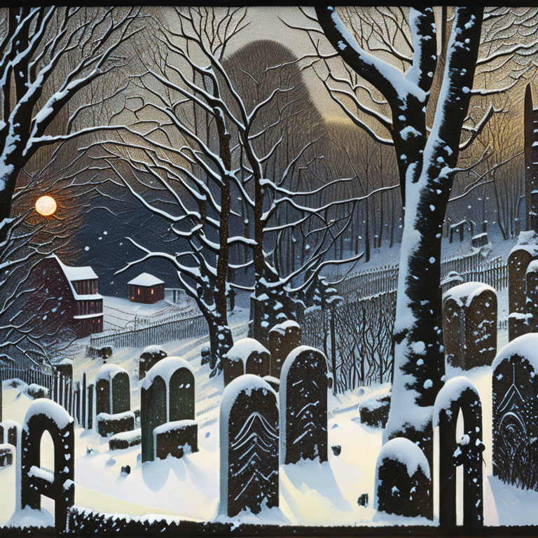 Snowy Night Scene: Full Moon, Bare Trees, Gravestones, Fence, Distant