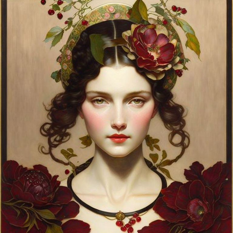 Portrait of woman with pale skin, dark curly hair, piercing eyes, adorned with flora and red roses