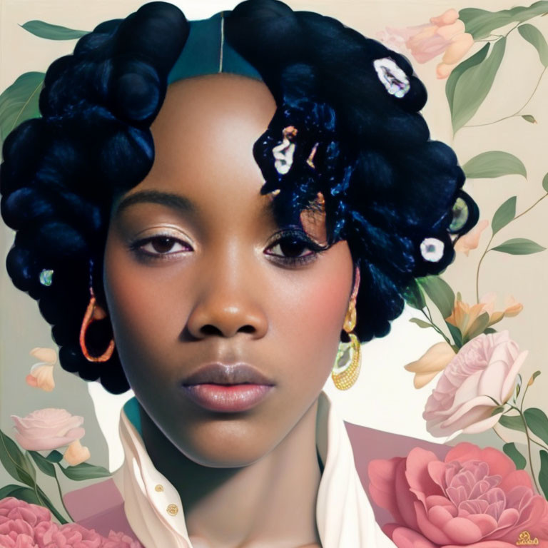 Portrait of woman with intricate black hair, gold earrings, and floral backdrop