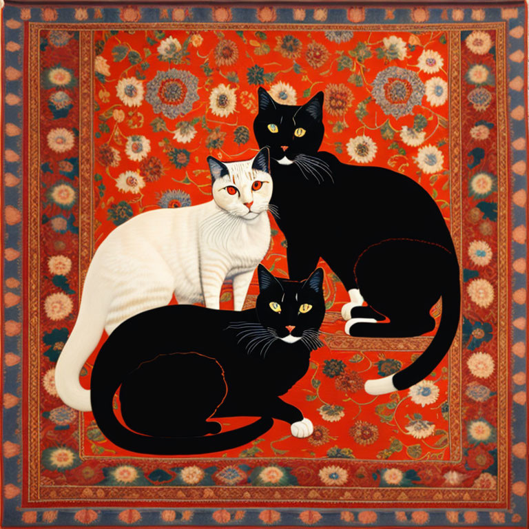 Three Cats Illustration on Colorful Floral Background