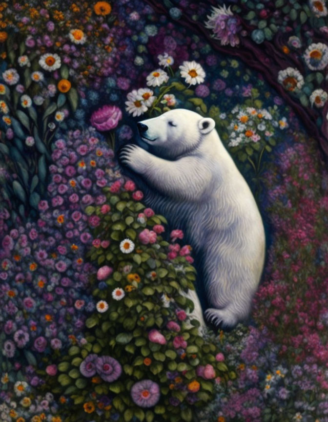 Tranquil polar bear surrounded by colorful flowers at night