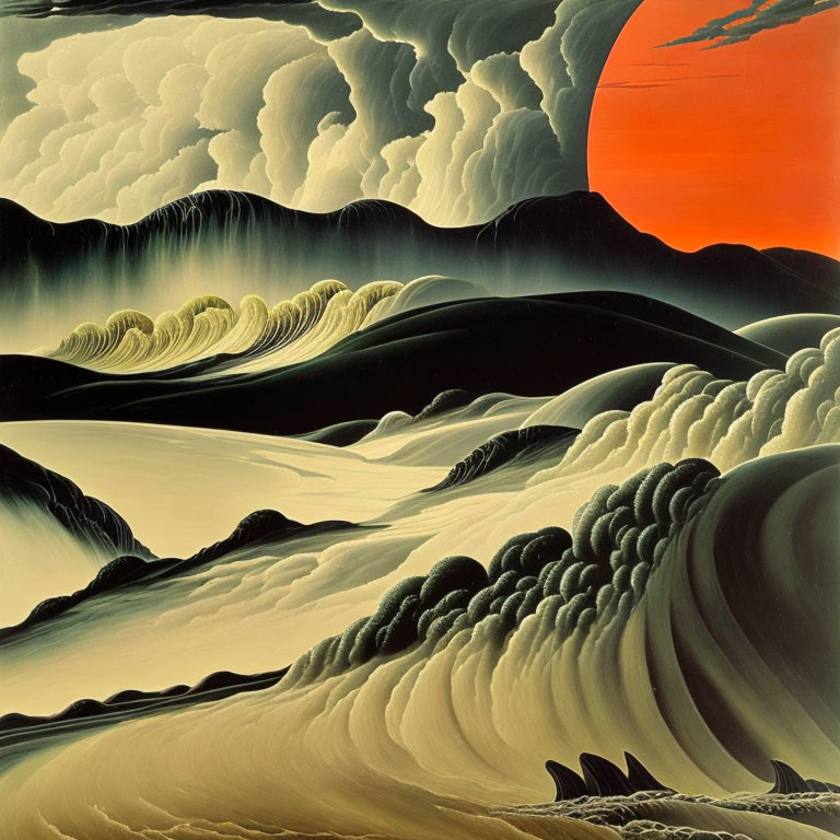 Stylized painting of rolling hills under dramatic sky with red sun