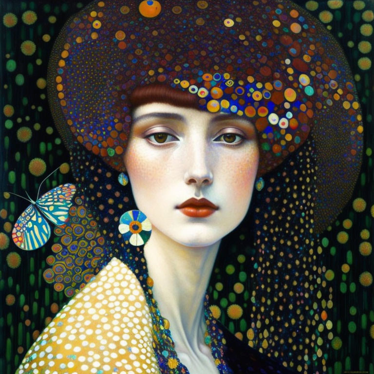 Stylized portrait of woman with patterned hat and earring, butterfly, and dots in modern