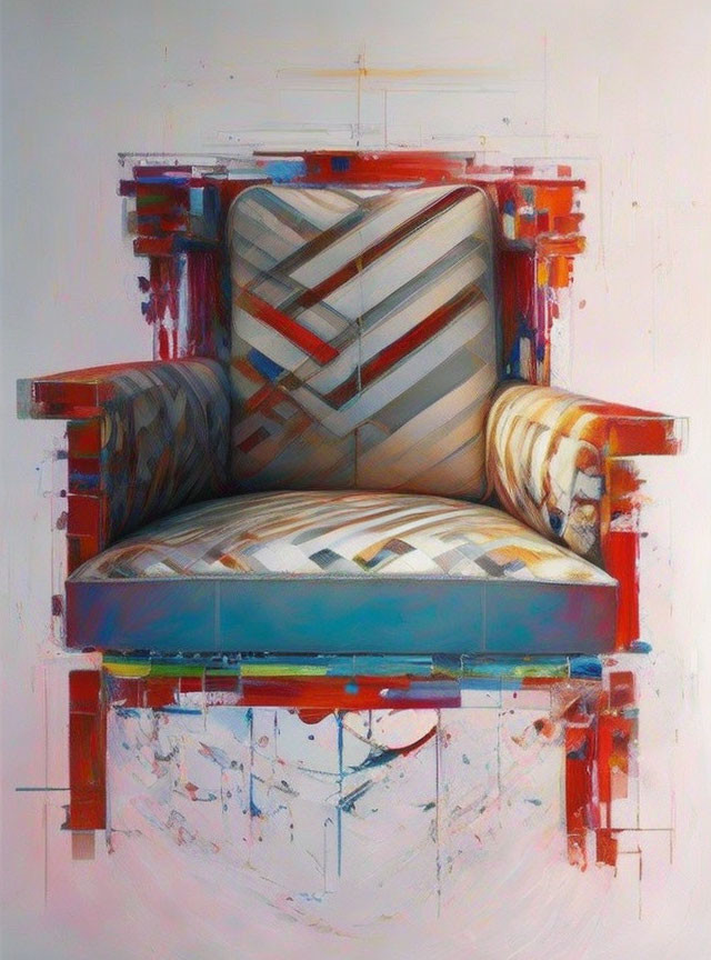 Vibrant abstract armchair painting with red, blue, and cream colors