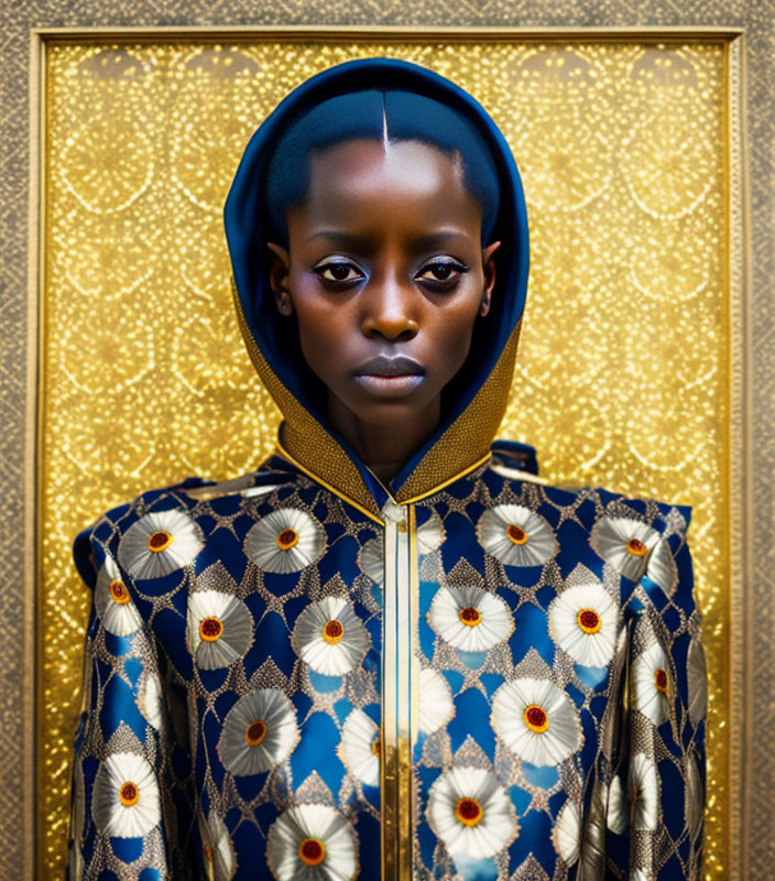 Dark-skinned person in patterned garment & blue head covering on golden ornate background