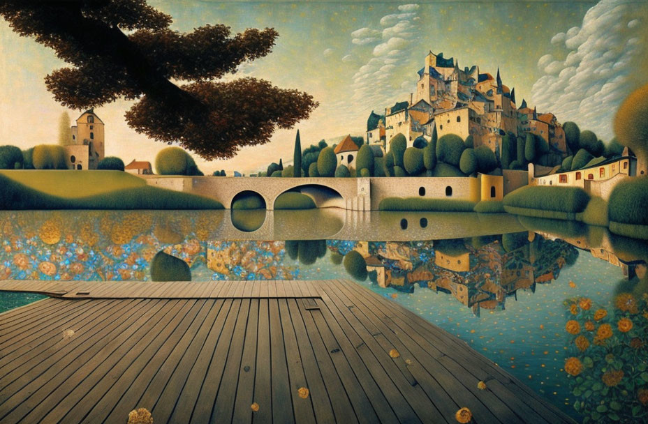 Surreal painting of castle, river, bridge, flora, and dreamy sky