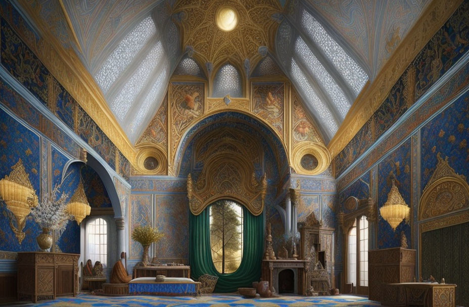 Luxurious Blue and Gold Room with Intricate Ceiling Designs