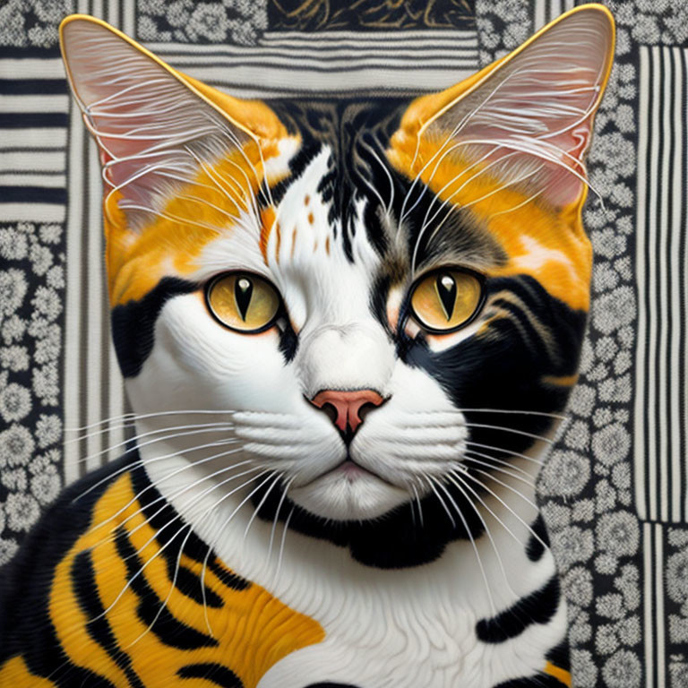 Realistic digital painting of a striped cat with yellow eyes and white whiskers