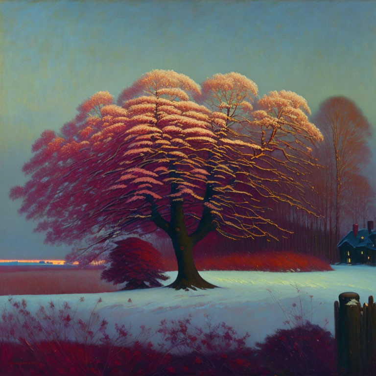 Large tree with reddish-pink foliage in snowy landscape at dusk