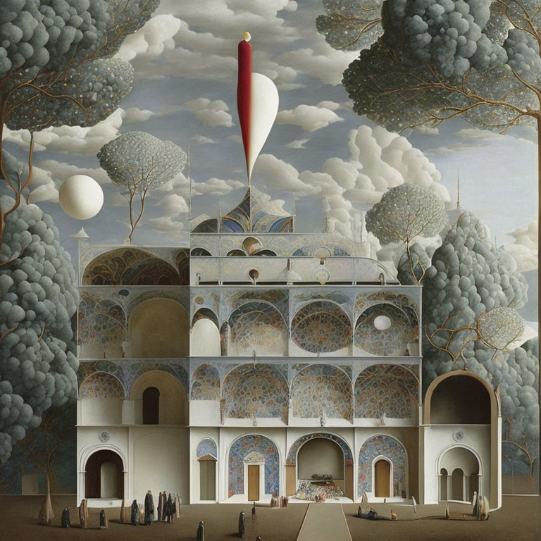 Surrealist painting of ornate building, arched doorways, stylized trees, clouds,