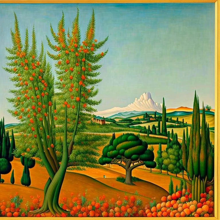 Colorful rural landscape with fruit trees, cypresses, and distant mountain against clear sky.