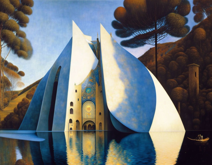 Surrealist painting of cathedral-like structure and vibrant blue tones