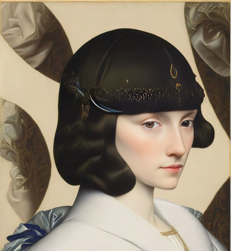 Surreal portrait blending classical and modern art styles with woman and hybrid hair-helmet