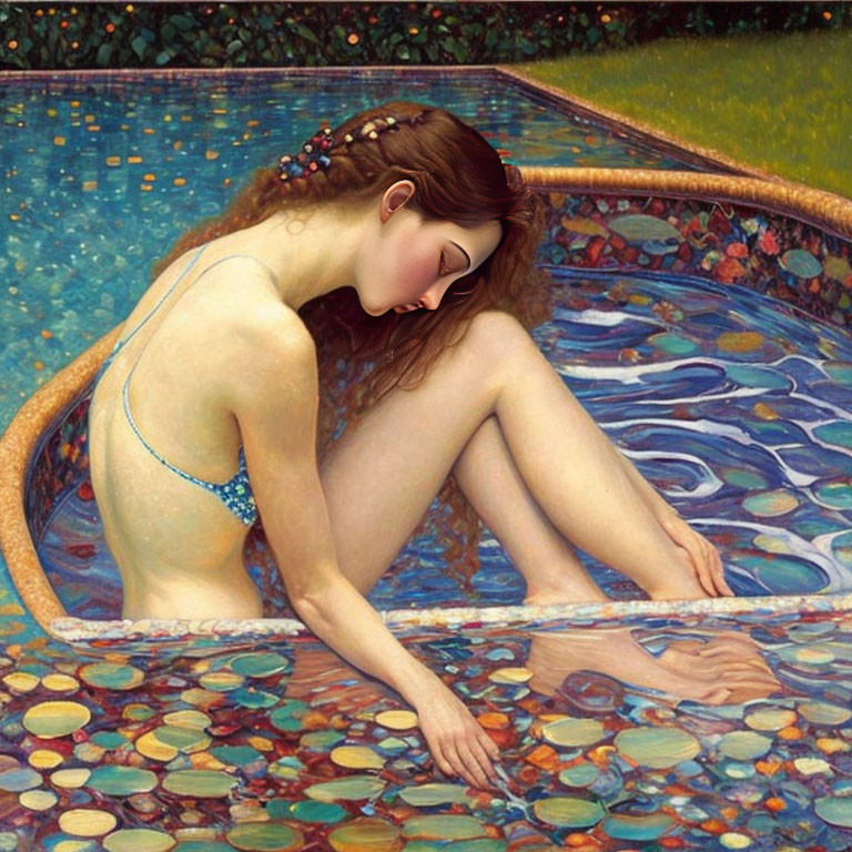 Auburn-Haired Woman Sitting by Vibrant Mosaic Pool