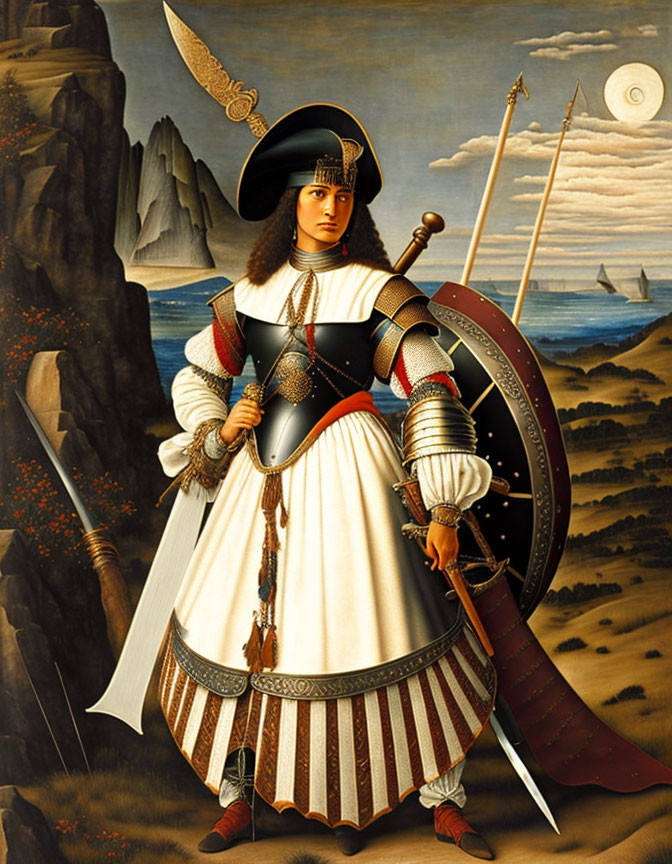 Historical armor portrait with shield, sword, and crescent moon landscape