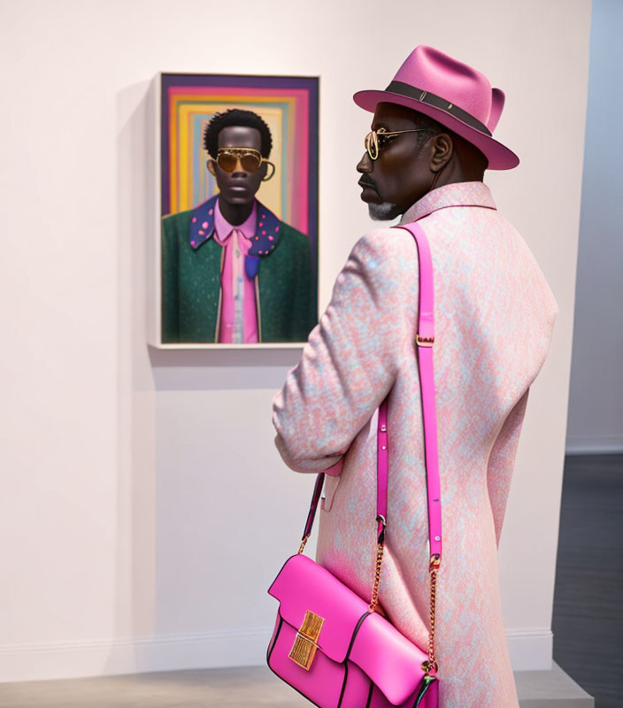 Fashionable individual in pastel suit admires portrait of man with matching style in art gallery