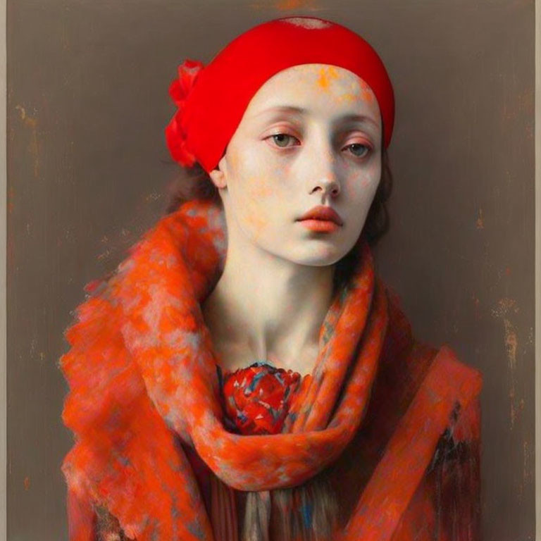 Portrait of woman with solemn expression in red headband and scarf