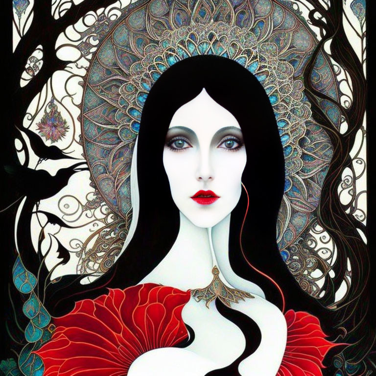 Woman with pale skin and dark hair in red dress with Art Nouveau style patterns