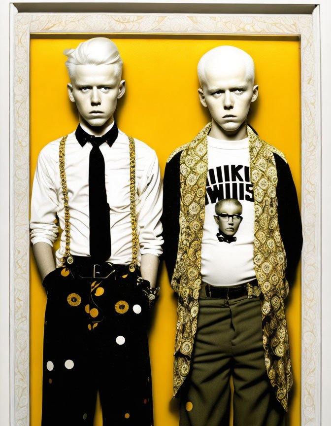 Identical pale-skinned men in avant-garde fashion on yellow backdrop