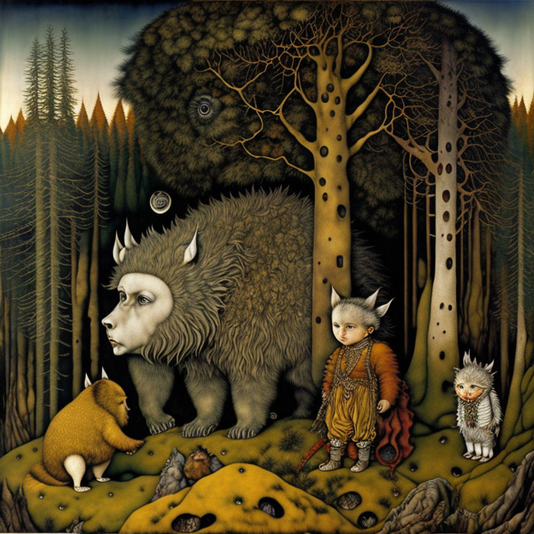 Children in animal costumes with bison-like creature in dark forest