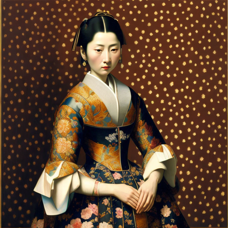 Traditional Japanese Attire Portrait with Intricate Background