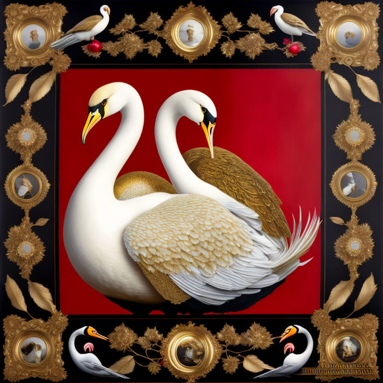 Stylized white swans with golden accents on red background.