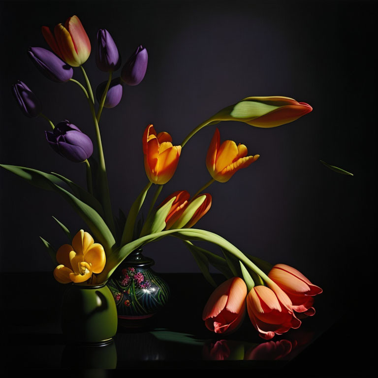 Colorful Tulip Bouquet in Reflective Vase on Glossy Surface