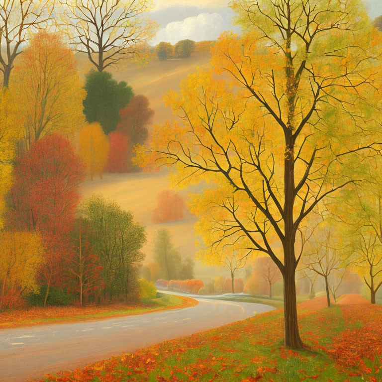 Tranquil autumn forest with winding road and colorful leaves