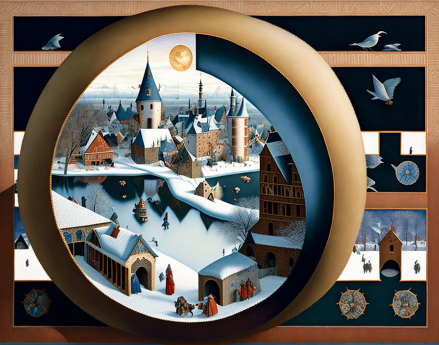 Whimsical winter town painting with ornate borders and clocks