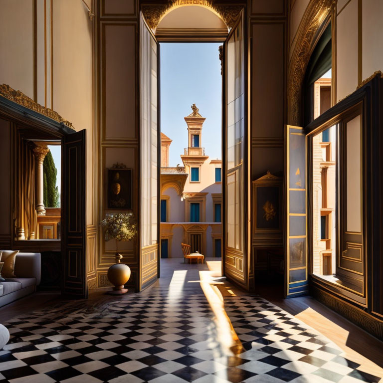 Sophisticated interior with checkered floor and ornate gold and blue doors, bathed in warm