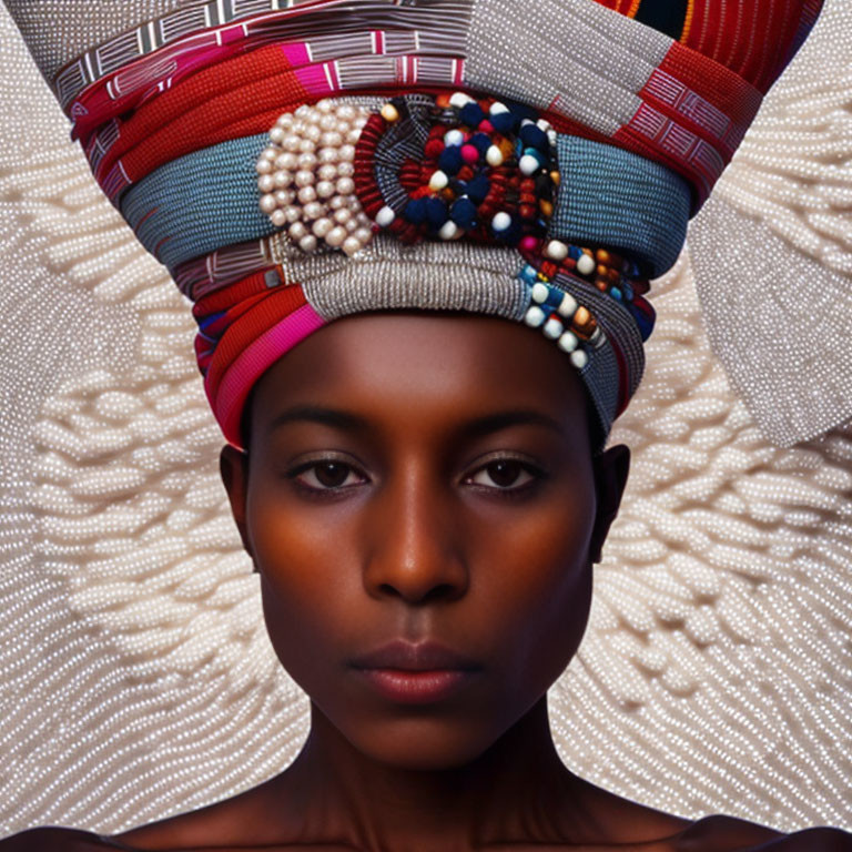 Woman in solemn expression with vibrant beaded headwrap on textured backdrop