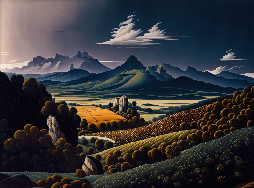 Stylized landscape painting: rolling hills, trees, mountains, dramatic sky