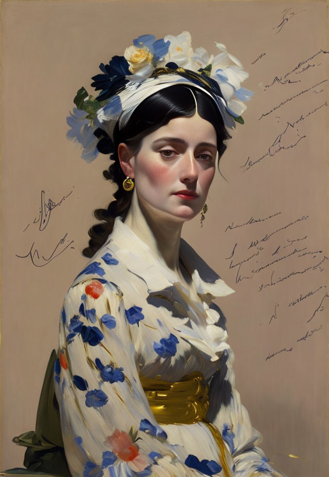 Portrait of woman in white dress with floral patterns and golden belt, wearing flower headpiece.